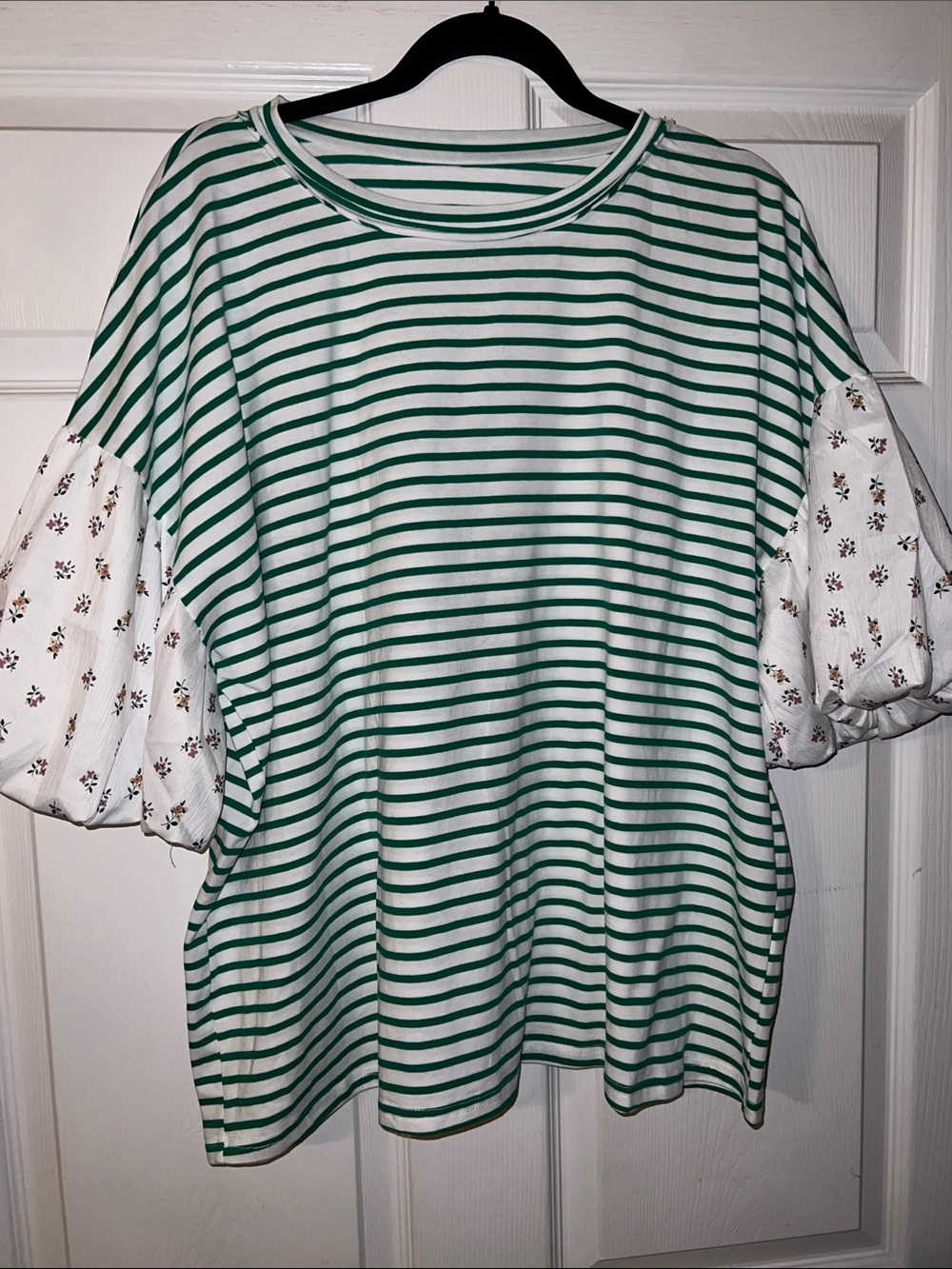 Striped Green & White Puff-Sleeve Women's Top